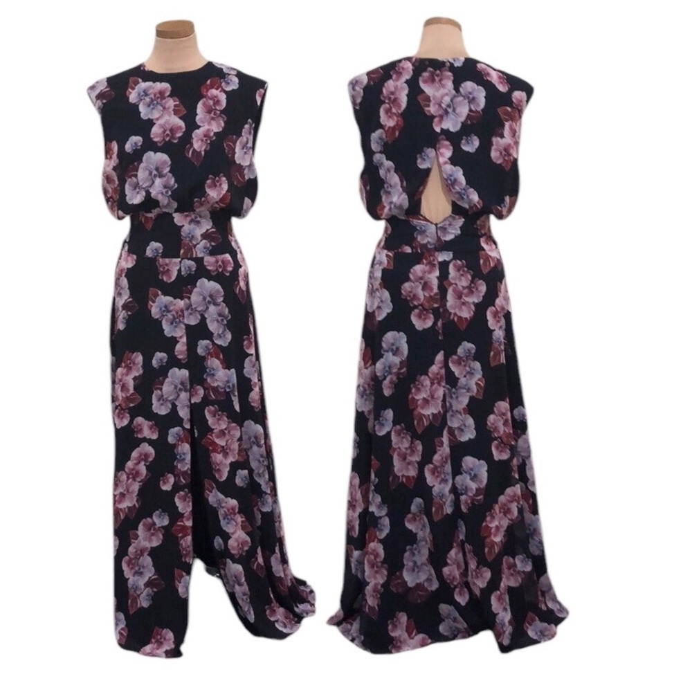 NWT Fame And Partners Anthurium Dress Size 2 Black Purple Cutout Back Gown